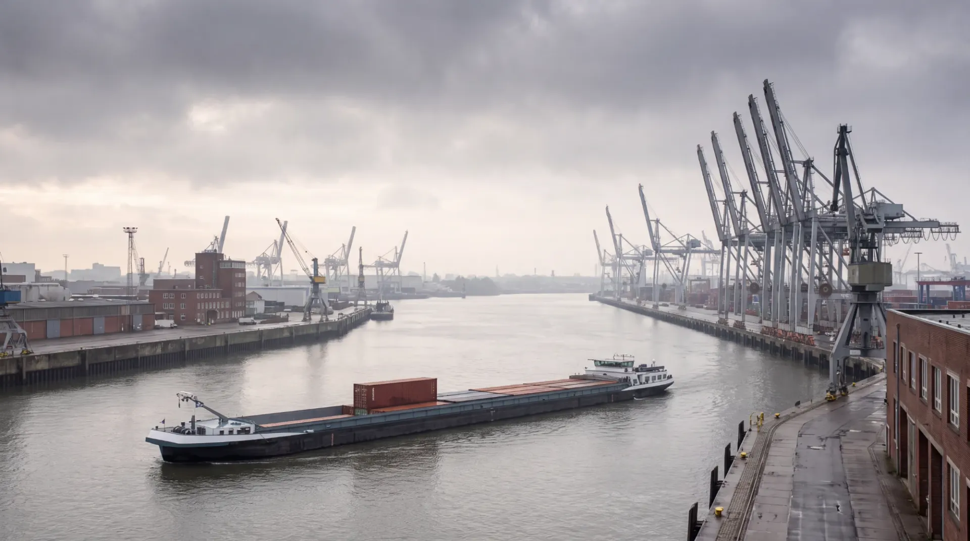 Port with gantry cranes and a container barge on the river on an overcast morning